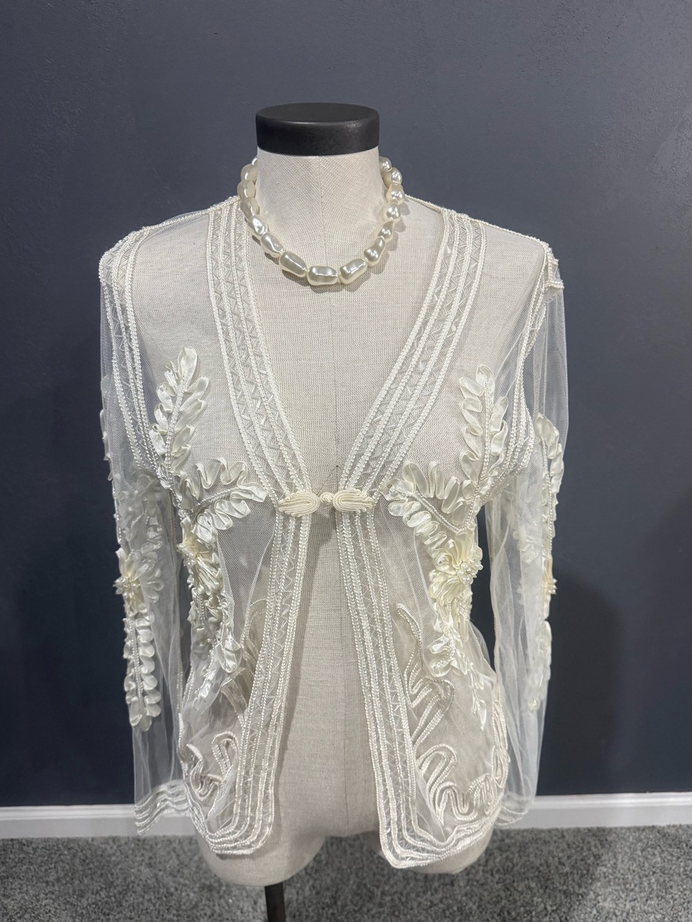 Sheer Embroidered Ivory Tunic Cardigan - Elegant Women's Top